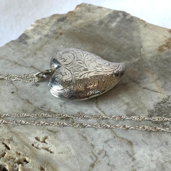 VTG Sterling Silver 925 1.5" Etched Filigree Puffy Heart Pendant Necklace 24” - Picture 7 of 16